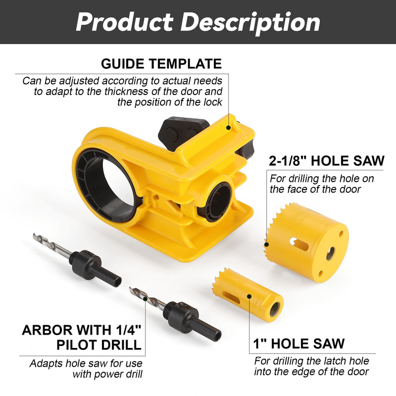 Door Lock Installation Kit - C-Clamp Design Tool-Free Clamping for Metal & Wood Doors, 2 Adjustable Bushings, with Bi-Metal Hole Saw & Anti-Warp Backing Plates (Yellow) Yellow