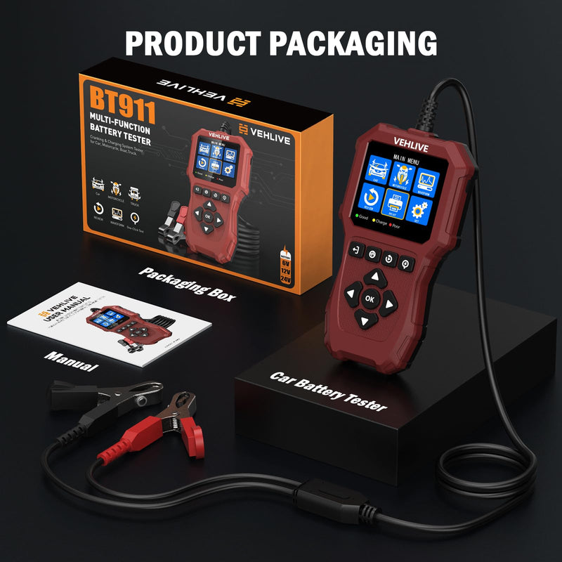 Car Battery Tester 6V 12V 24V with Lithium Battery Testing, BT911 5-3000CCA Automotive 12V&24V Dual Circuit Testing, Load/Alternator Tester, Charging Cranking System Tester for All Car Motorcycle Boat Light Red
