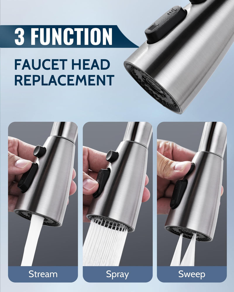 Kitchen Faucet Head Replacement:Stainless Steel Spray Head,3 Modes Pull Out Spray Nozzle with 9 Adapters for Kitchen Sink Faucet,Compatible with Moen Kohler Delta Kitchen Faucets G1/2,Brushed Nickel Brushed Nickel Stainless Steel