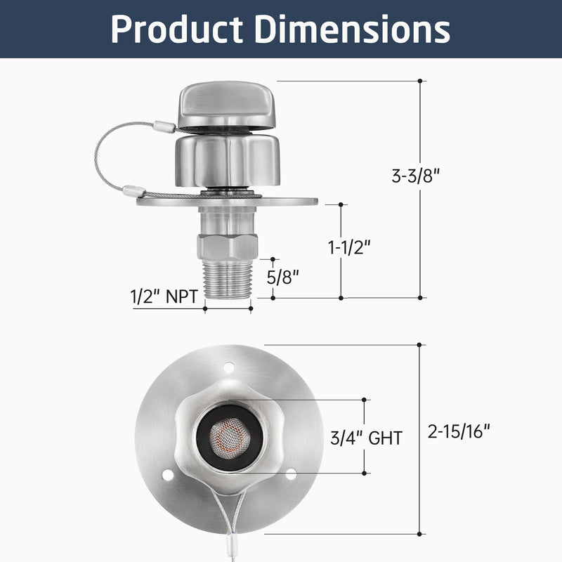 KES All Metal RV Water Inlet Connection with Check Valve, 18/8 Stainless Steel RV City Water Inlet Replacement, Upgraded Leak-Proof Design for Camper, Trailer, Marine & Boat, Brushed Finish, RWI200-BS Brushed Steel