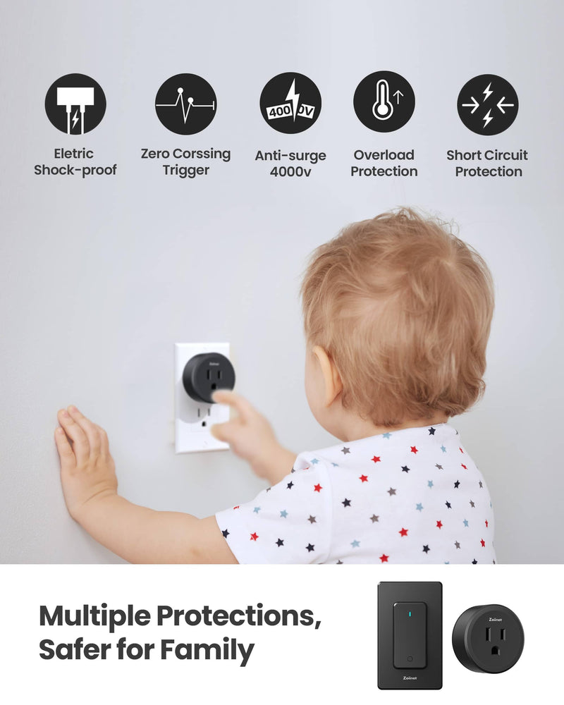 Zoiinet Remote Control Outlet Plug Switch, Buckle Design & Removable Wireless Light Switch, 300 ft, 1500W On Off Power Switch for Household Appliances, No Wiring No WiFi, Programmable, Black(2 Pack) 1 Switch 2 Outlets