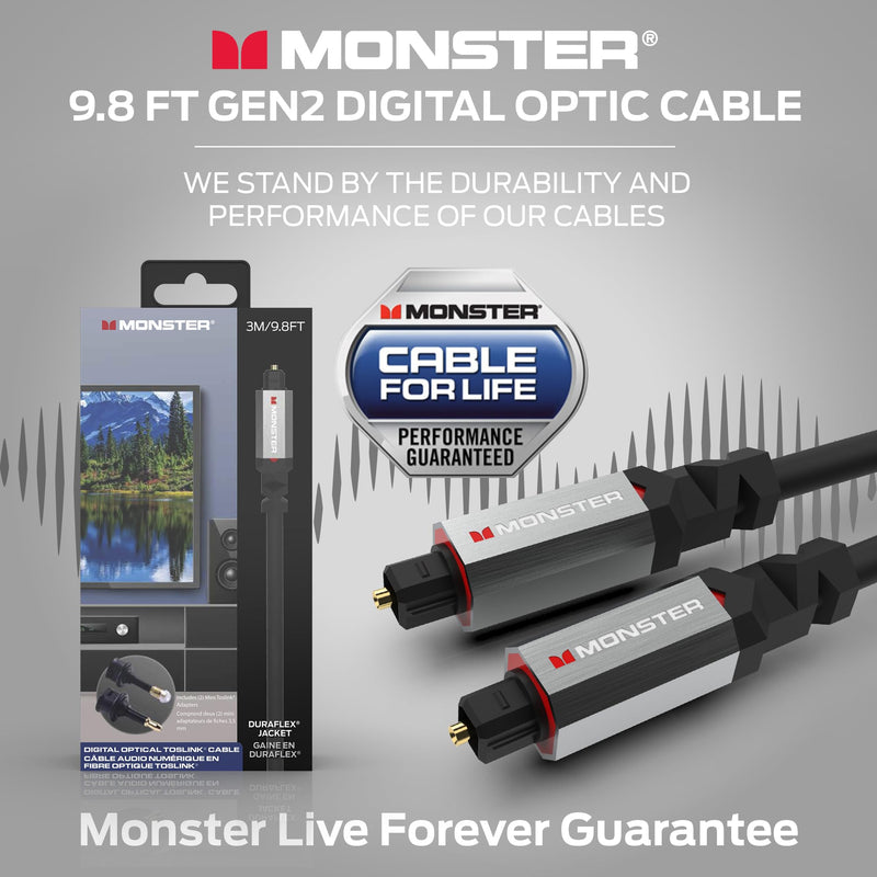 Monster Gen2 Essentials Digital Optical Toslink Cable, Sound Bar Optical Audio Cable with Gold Connectors, 9.8ft 9.8 Feet Digital Optic