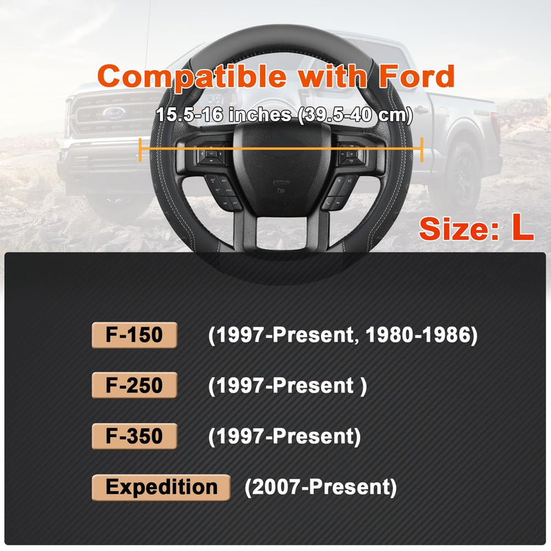 GIANT PANDA Car Steering Wheel Cover for Ford - F150 F250 F350 Expedition, (15.5-16 inches - Black+Gray) Ford F-Series & Expedition