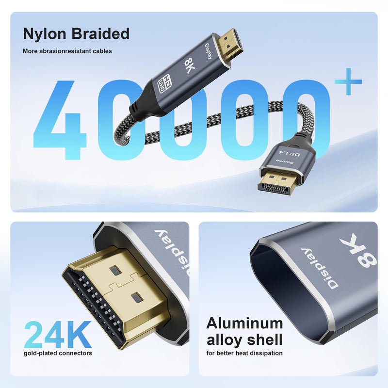 8K DisplayPort to HDMI 2.1 Cable 10FT 8K@60Hz 4K@120Hz Uni-Directional DP (Source) to HDMI (Display) Braided Cord DP to HDMI Compatible with PC, Dell, AMD, Lenovo, Monitor, HP 10 Feet