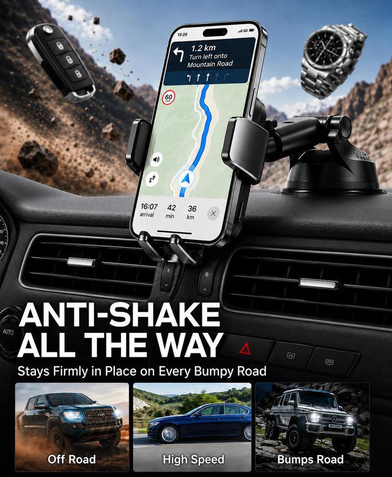 2026 Upgraded Wireless Car Charger Mount, 【Strongest Suction & Military-Grade Certs】 15W Fast Charging Auto-Clamping Phone Holder for Dash Windshield Air Vent, Fit for iPhone & Android, Jet Black