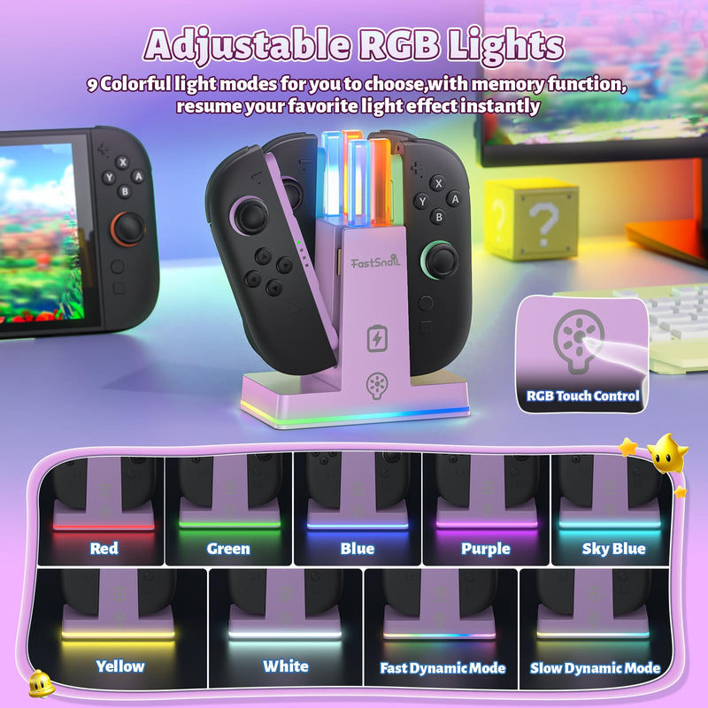 FASTSNAIL Switch 2 Controller Charger Dock for Nintendo Switch 2 for JoyCon | 4-in-1 Fast Switch 2 Joypad Charging Dock Station, 9 RGB Light, Dual-Direction Magnetic Stand for Joycon 2 Accessorie, Purple 7.9 inch Light Purple