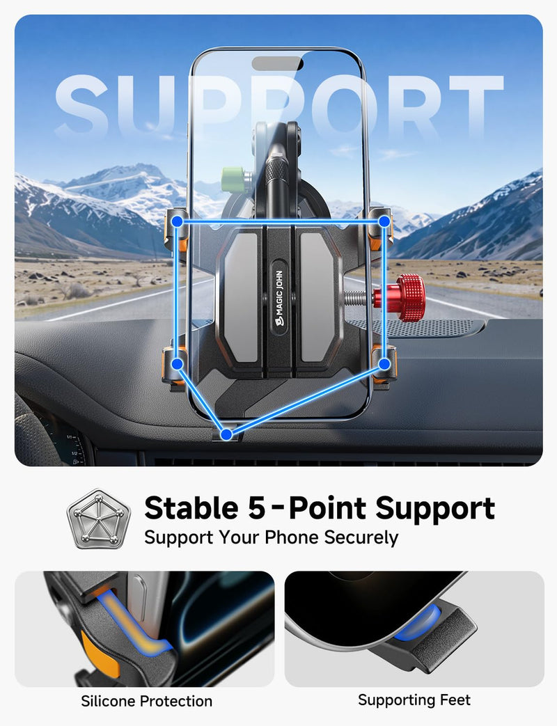 MAGIC JOHN Metal Car Phone Holder 360° Rotation Suction Mount Windshield | All-Metal Build With Enhanced Suction Cup, Adjustable Clamp Arms, Compatible With iPhone Samsung & All Smartphones