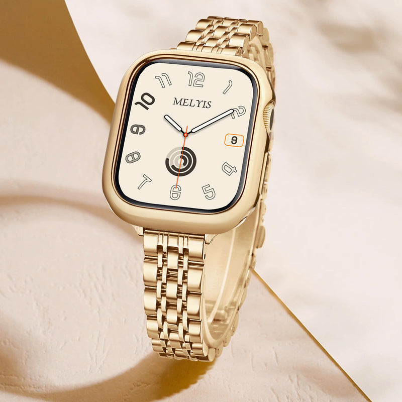 Melyis Slim Stainless Steel Band Fits Apple Watch Bands for Women 45mm 44mm 42mm(Series 3 2 1), Thin Metal iWatch Band with TPU Protective Case for Apple Watch Band Case Series 9 SE 8 7 6 5 4, Gold 42mm/44mm/45mm