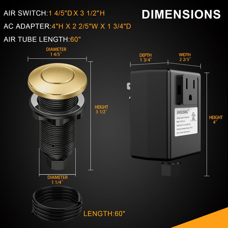 Garbage Disposal Air Switch Kit - UL Certified Sink Top Switch with Long 3.5" Brass Button by UHOUSING, Complete All-in-One Kit for All Disposals (Brushed Gold) Brushed Gold