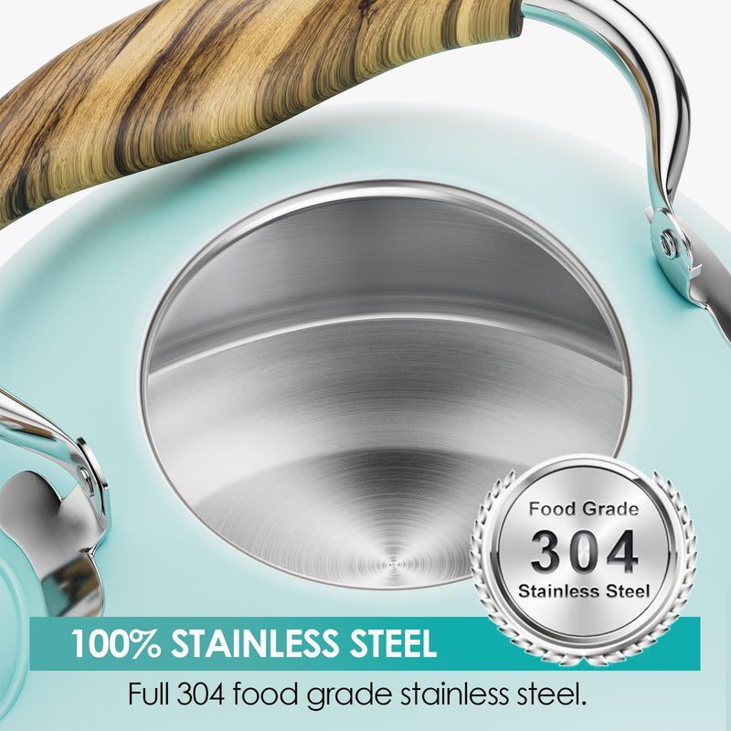 2.6 Quart Tea Kettle Stovetop Whistling for Stove Top, Blue | Food Grade Stainless Steel Tea Kettles with Cool Wood Pattern Handle, Induction Compatible 2.6 Quarts