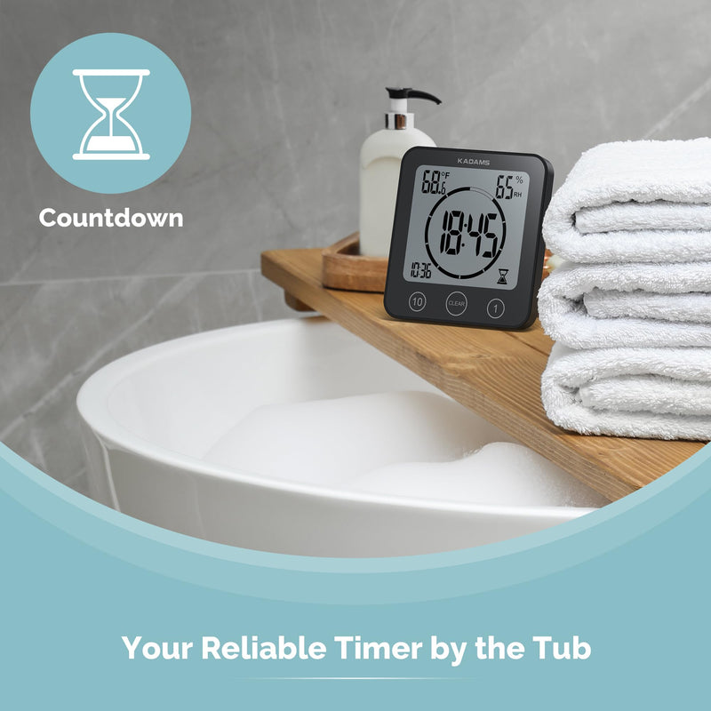 KADAMS Shower Clock Waterproof Bathroom Timer – Digital Wall Clock with Countdown, Magnetic Kitchen Clock with Temperature & Humidity, Suction Cup for Kids Shower Spa Sauna Cook Bath (Black) Black