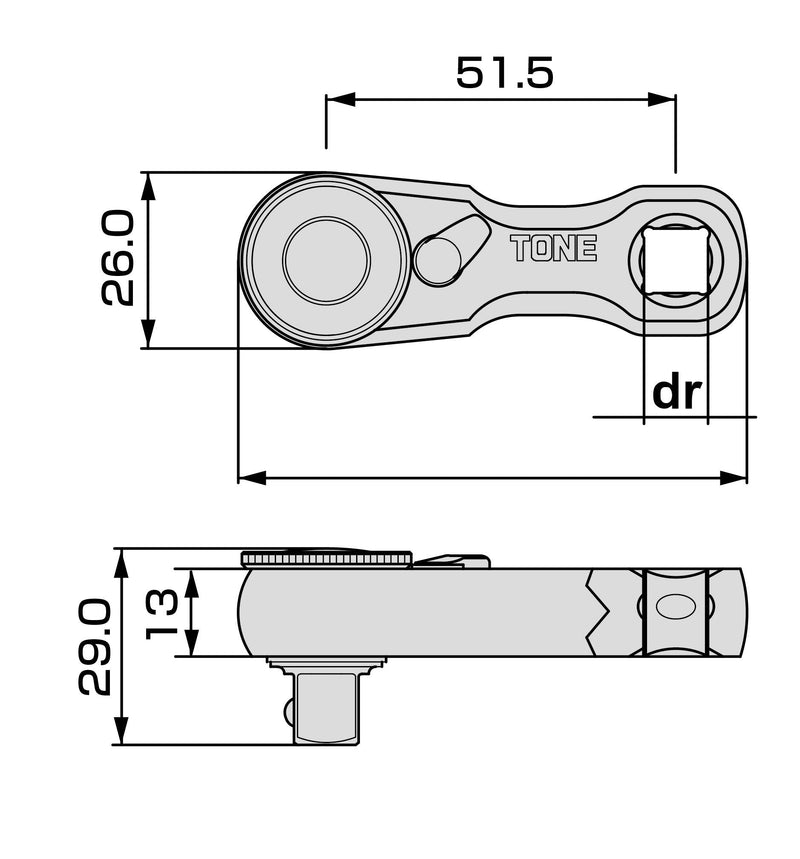 TONE Short Ratchet Handle RH3HSS3 3/8" Inch Drive
