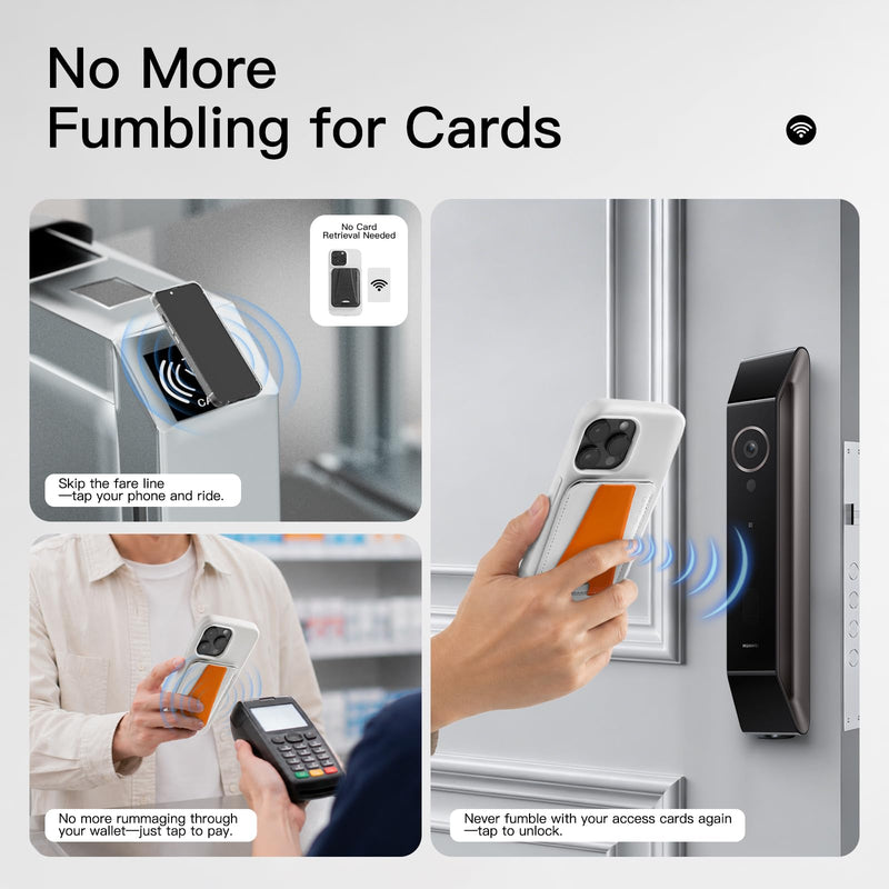 Tap & Go MagSafe Wallet Stand, 1-Card Magnetic Phone Wallet | with Grip, NFC-Friendly Slim Vegan Leather Card Holder, 3 Viewing Modes for iPhone 17/16/15/14/13/12, Black White/Orange