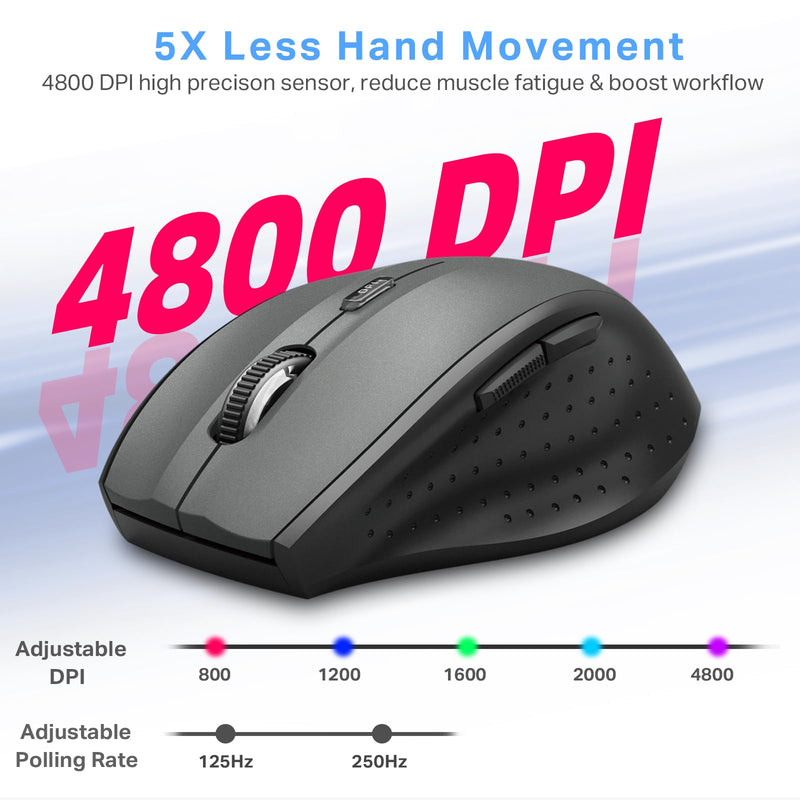 E-YOOSO Wireless Mouse for Laptop, Silent Portable Computer Mouse with 6 Buttons, 4800 DPI, 18 Months Battery Life, 2.4GHz Quiet Optical USB Mouse for PC Chromebook Windows Mac Gray & Black