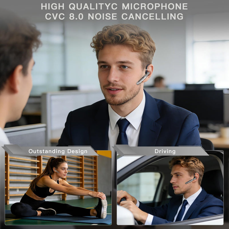 Bluetooth Headset V6.1,100Hrs Talk Time Single-Ear Wireless Earbud,CVC8.0 Noise Cancelling Bluetooth Earpiece,Handsfree Headset with Mic,Driving Headphoone for Trucker, Office, Business Gunmetal Black
