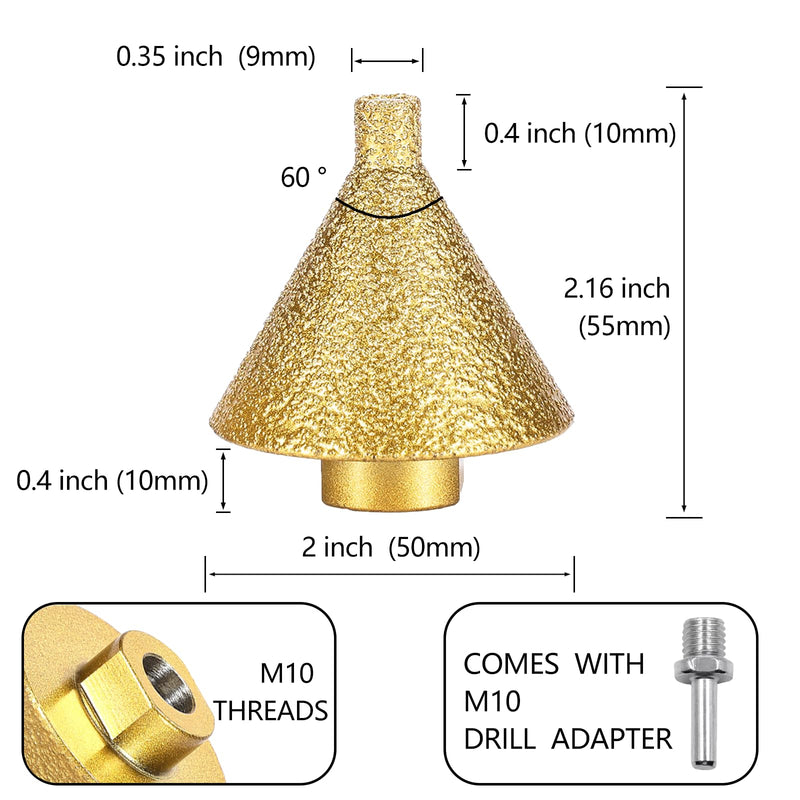 Diamond Beveling Chamfer Bit 0-2", Diamond Drill Bit, Calidad Tools Tile Cone for Hole Enlarging Trimming in Tile Granite Marble Porcelain Ceramic Wood Stone W/ M10 Thread. Φ50mm