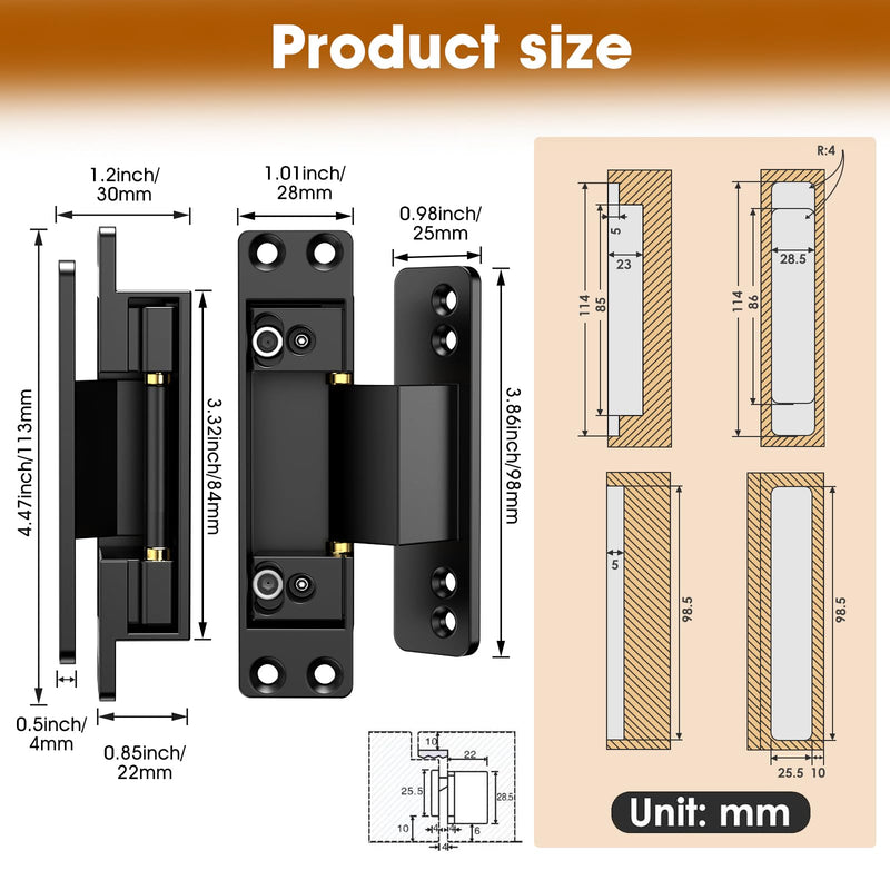 4.5" Hidden Door Hinge/Concealed Hinges,Invisible Hinges,Invisible Door Silent Door Hinge 110 Degree Swing Hinge 2-Way Adjustable Butt Hinge 4.5 x 2 x 1 (2, Black)