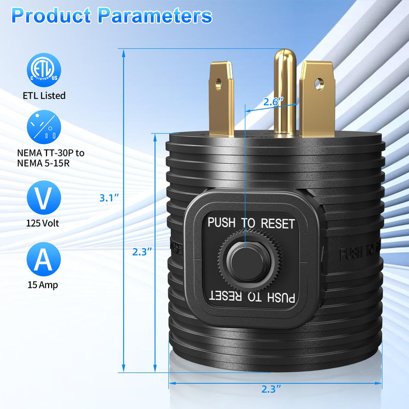 30A to 110 Adapter NEMA TT-30P Male Plug to NEMA 5-15R Female Receptacle with 15A Rated Breaker Grounding House Power to RV Camper ETL Listed
