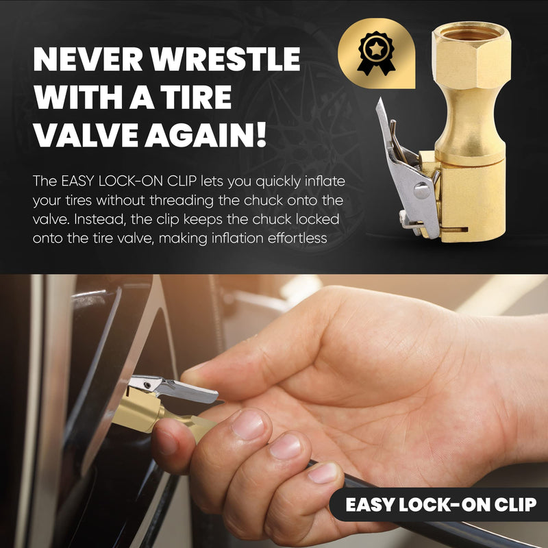 Air Chuck, Closed Flow Heavy-Duty Locking Tire Air Chuck, With Quick Connect, Solid Brass, 1/4 Inch Female NPT Thread, 250 PSI, Fits Most Air Hose, Air Inflators, - 2 in a Pack