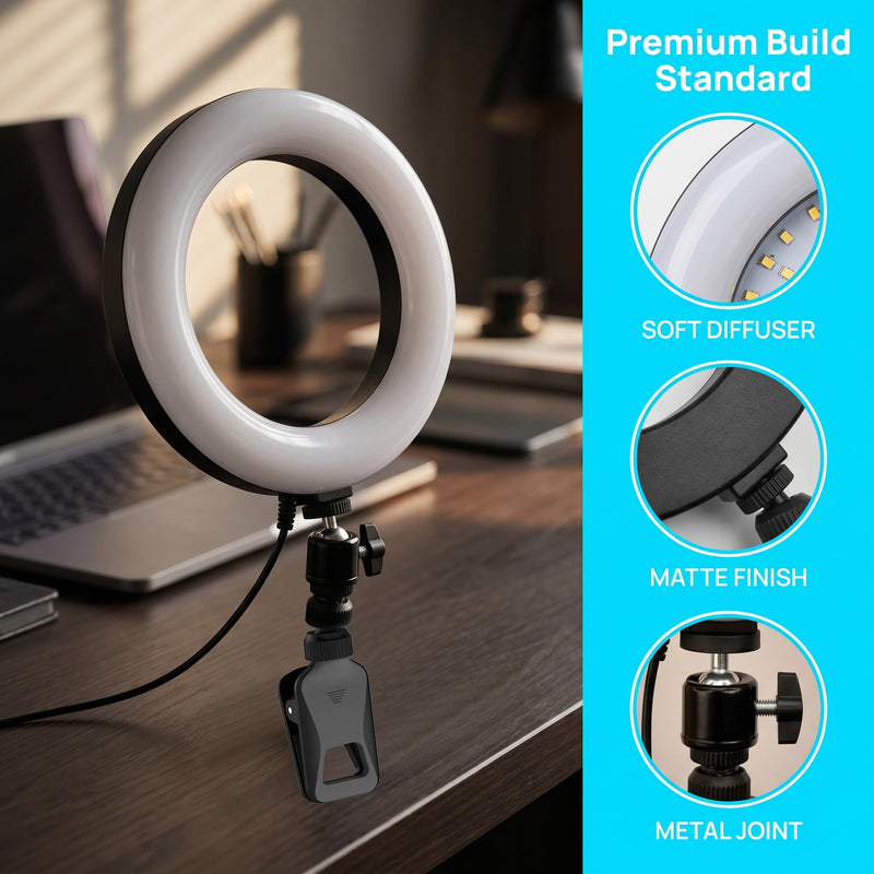 6" Ring Light with Desk Tripod Stand and Clip | Video Conference Lighting, Monitor Laptop Computer Compatible, Zoom Call Live Streaming, Remote Working Learning