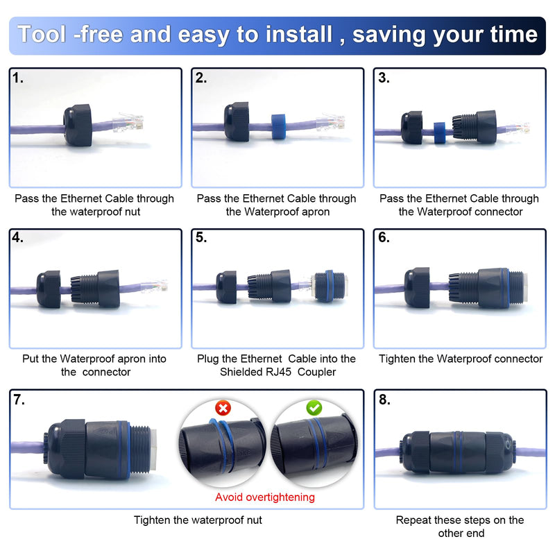 VCELINK Waterproof RJ45 Coupler IP68 Short Profile, Cat6/Cat5E/Cat5 Waterproof Ethernet Connector Shielded, Outdoor Network LAN Cable Extender PoE, 3.23in (Blue-6 Pack) 6