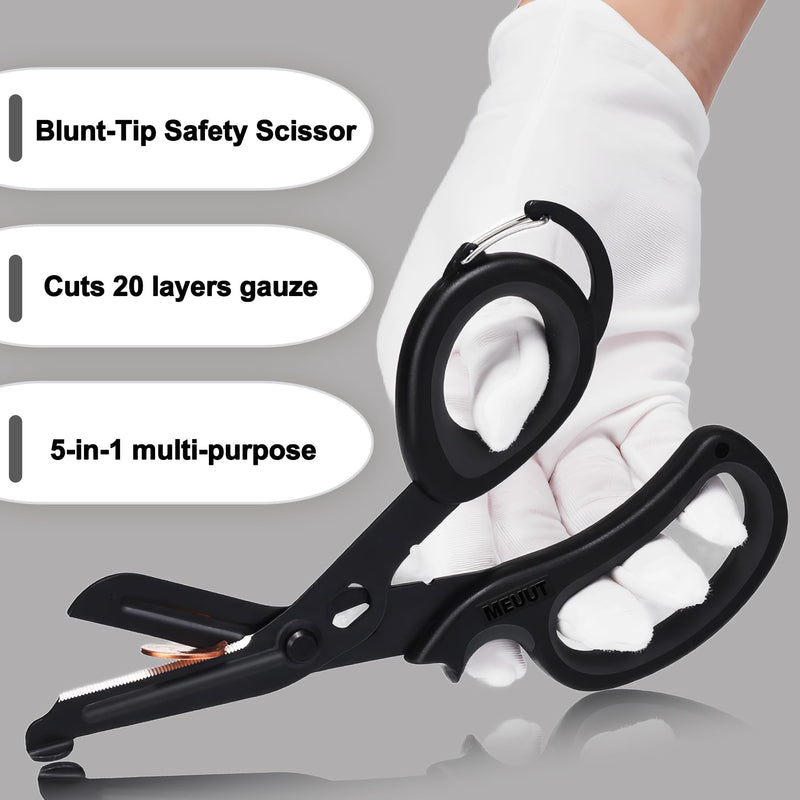 MEUUT 2 Pack Medical Scissors Trauma Shears with Carabiner design for left and right hand, 7.5" Fluoride Coated Non-stick Blades Bandage Scissor for Nurses, EMT, Household, outdoors Black/Black+black/Black