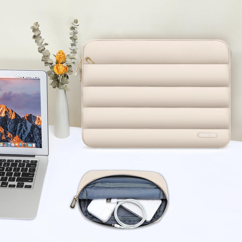 MOSISO Puffy Laptop Sleeve Compatible with MacBook Air/Pro, 13-13.3 inch Notebook, Compatible with MacBook Pro 14 inch M3 M2 M1 Chip 2024-2021, Polyester Horizontal Bag with Small Case, Sand 13.3 inch