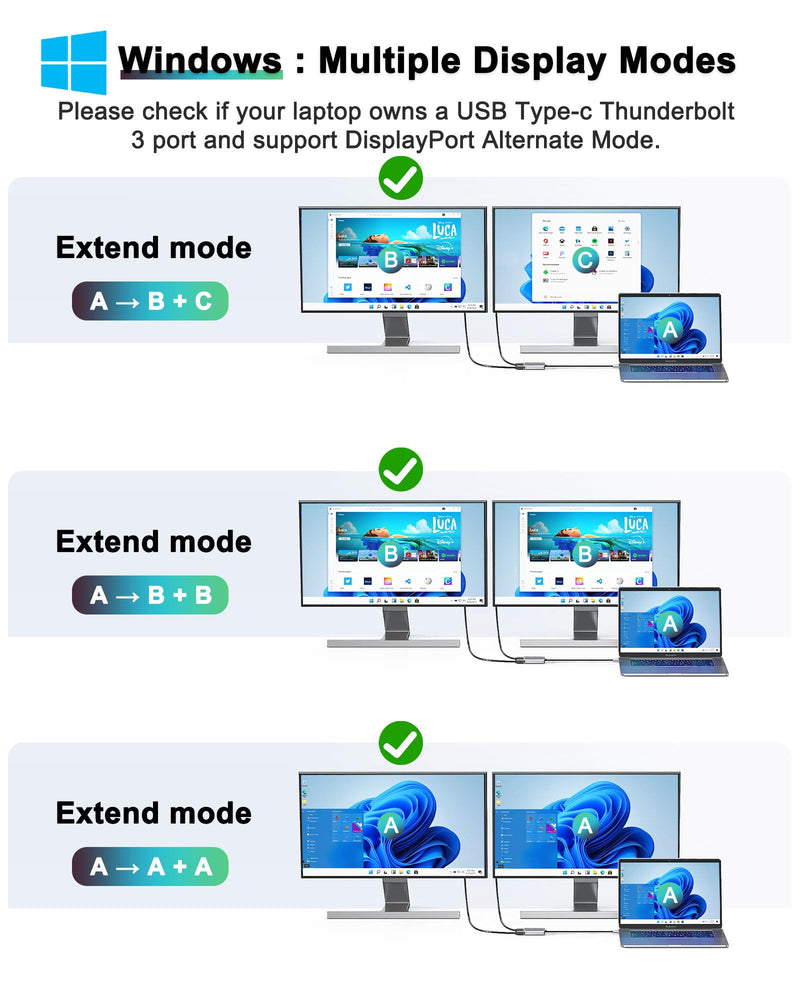 Dual Monitor Adapter - USB C to HDMI Adapter, Docking Station for Laptop, HDMI Splitter for Extended Display Gray