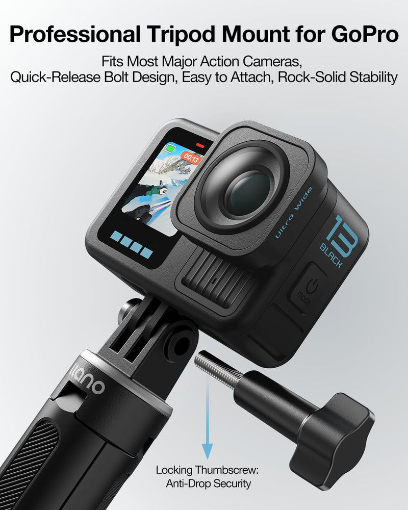 Llano 16" Action Camera Tripod for Gopro Hero 13/12/11/10/9/8, Max 2/1, Extendable Mini Tripod, Standard Mount for Gopro, Portable Handle Grip, Small Selfie Stick, Lightweight, Black For Gopro Hero 8-13,Max