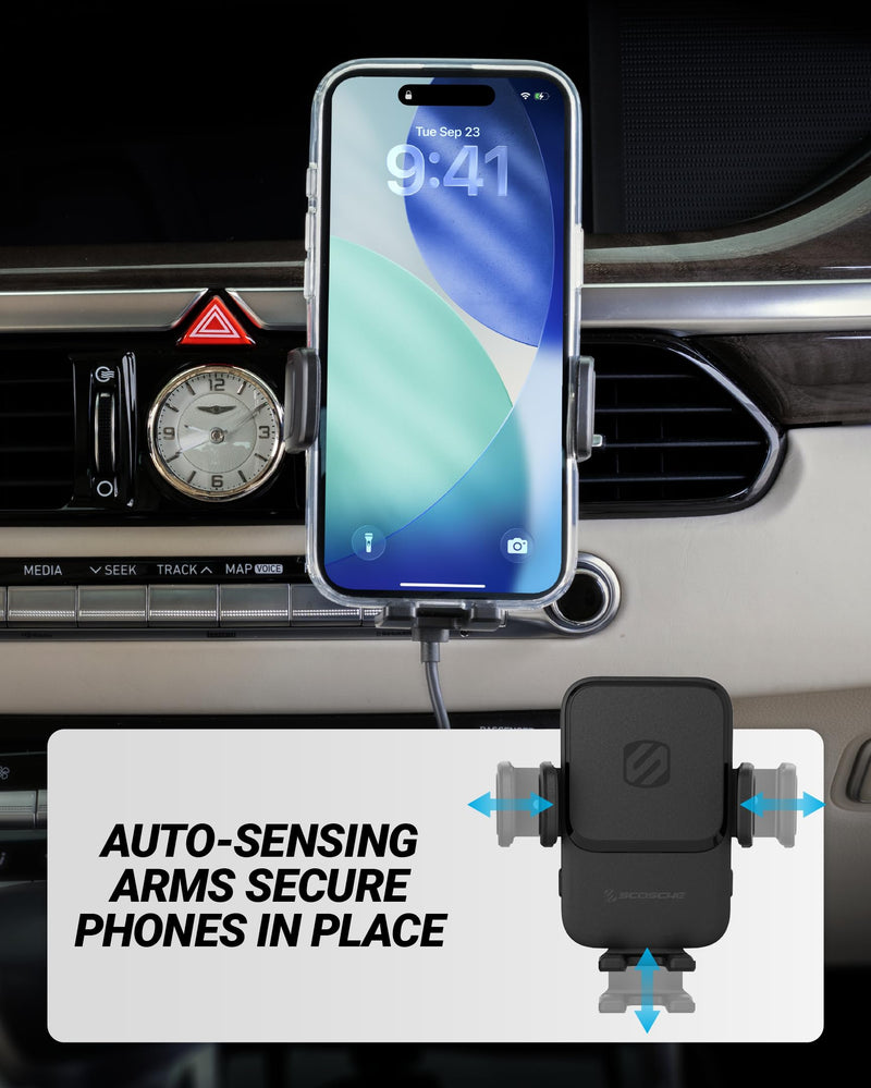 Scosche Wireless Car Charger Mount, Auto-Clamping Car Phone Holder Charger for Dashboard/Windshield/Vent with Adjustable Arm, 360° Rotation, Compatible with iPhone, Samsung, and More Android Phones Window / Dash / Vent