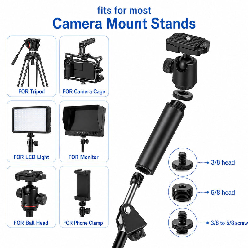 13 PCS 3/8 to 5/8 and 1/4 Mic Stand Adapter Set, Black | Microphone Stand Screws with Extension Tube Aluminum Alloy Mic Thread Mount for Boom Arm Camera Tripod Projector Fill Light