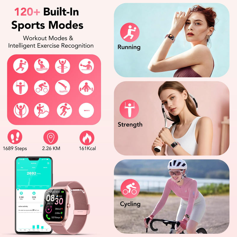 Smart Watch for Women, Answer/Make Call/AI Voice,1.85" HD Smartwatch Compatible for iPhone/Samsung/Android,120+Sport Modes Fitness Tracker with Heart Rate/Sleep Monitor, IP68Waterproof (2 Bands) Rose