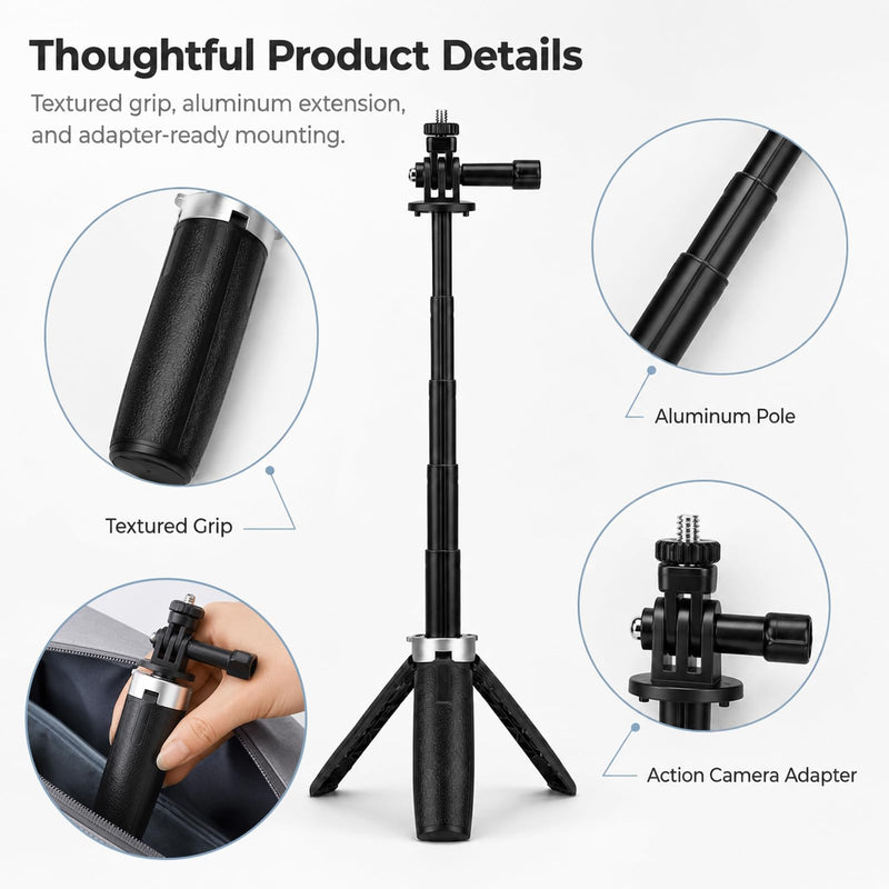 Extenable Small Camera Tripod, Portable Selfie Stick Vlog Handle Grip, Desktop Webcam Tripod with 1/4" Screw for DJI Osmo Action 4/5Pro, Lightweight Travel Tripod