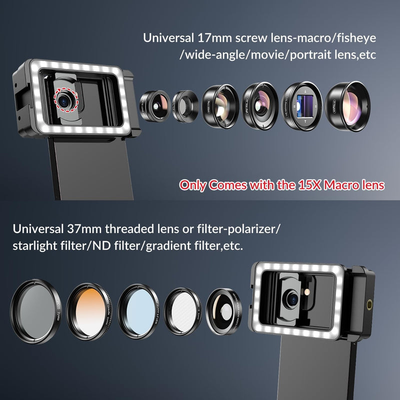 MIAO LAB 15X Phone Macro Lens with LED Fill Light, 15X Macro Lens + 17mm Thread Lens Adapter for iPhone 15/15Pro/15Pro Max, Samsung, Android Phone (Fits for Almost Phone)