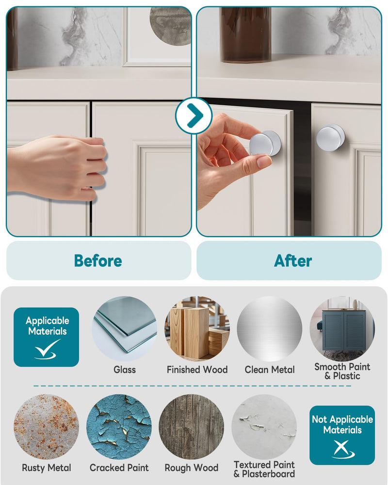 Self-Stick Cabinet Knobs, Aluminum Alloy Self-Adhesive & Drill-Mount Drawer Pulls for Kitchen Cabinets, Cupboards, Dressers, Closets, Sliding Glass Doors - Screws/Stick Install (8, Silver) 8