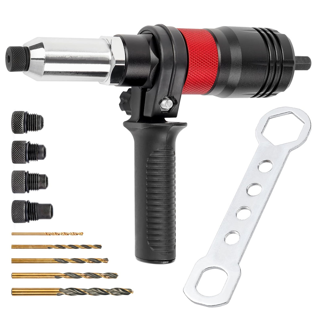 YUZES Rivet Gun Kit Adapter for Cordless Drills and 8mm Ratchet Wrench, Rivet Tool with (3/32", 1/8", 5/32", 3/16", 1/4") Interchangeable Rivet Heads and 5 Twist Drill, Easy Processing for Pop Rivet