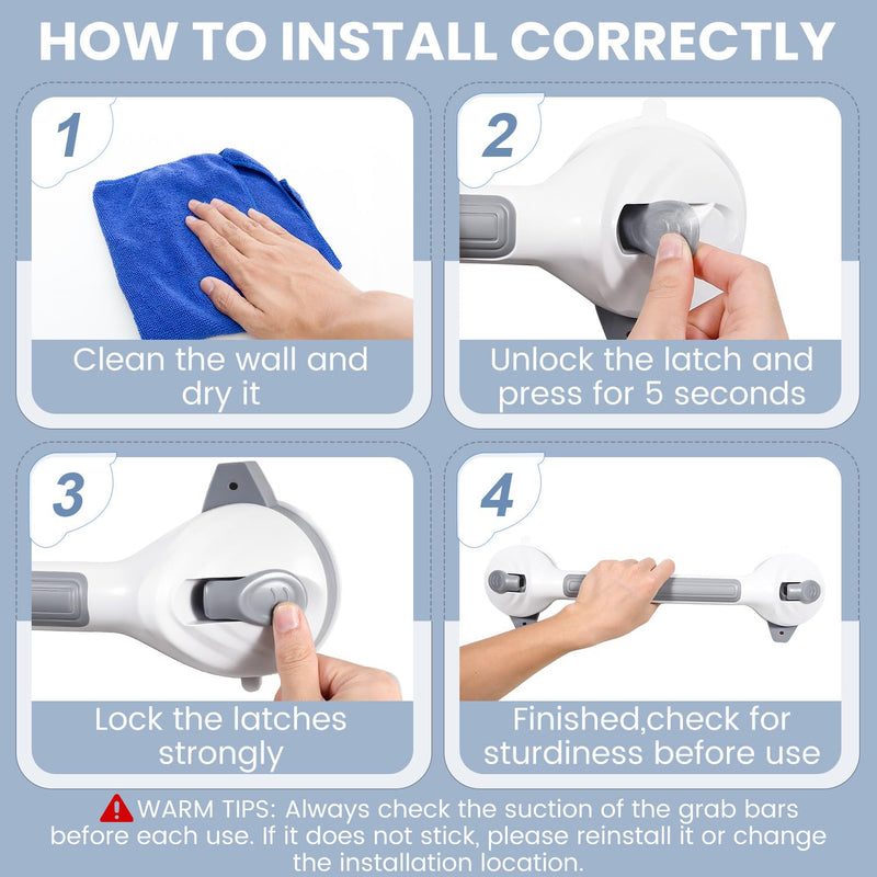 Reyiu Grab Bars for Shower, 16.5 Inch Shower Handle with Safety Indicators, Suction Cup Bathroom Grab Bar for Elderly, Seniors, Handicap - No Drill, Waterproof, Removable (2 Pack) 2 Pack Light Gray
