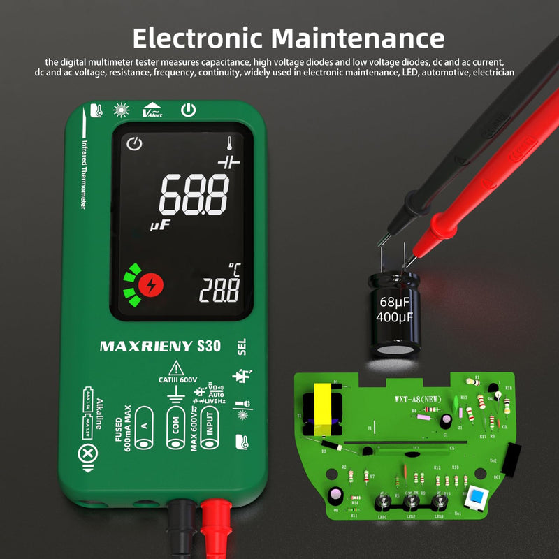 Digital Multimeter Infrared Thermometer Rechargeable Smart Voltmeter 9999 Counts Electrical Current Tester Capacitance, High/Low Voltage Diode Tester for LED Automotive Electrician Electronic Rechargeable S30 with Infrared Thermometer