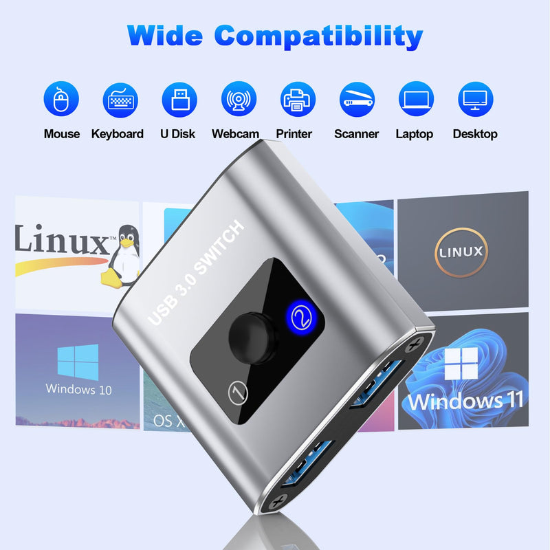 USB 3.0 Switch, Bi-Directional USB Switch 1 in 2 Out/ 2 in 1 Out, Aluminum USB Switcher 2 Computers Share USB Devices for Printer, Keyboard, Scanner, Mouse - Compatible with Mac/Win/Linux
