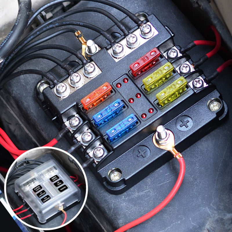 6 Way Fuse Block,12V Blade Fuse 6 Circuit ATC/ATO Waterproof Fuse Box Holder with LED Indicator Waterpoof Cover for 12V/24V Automotive Truck Boat Marine RV Van Vehicle 6 Way