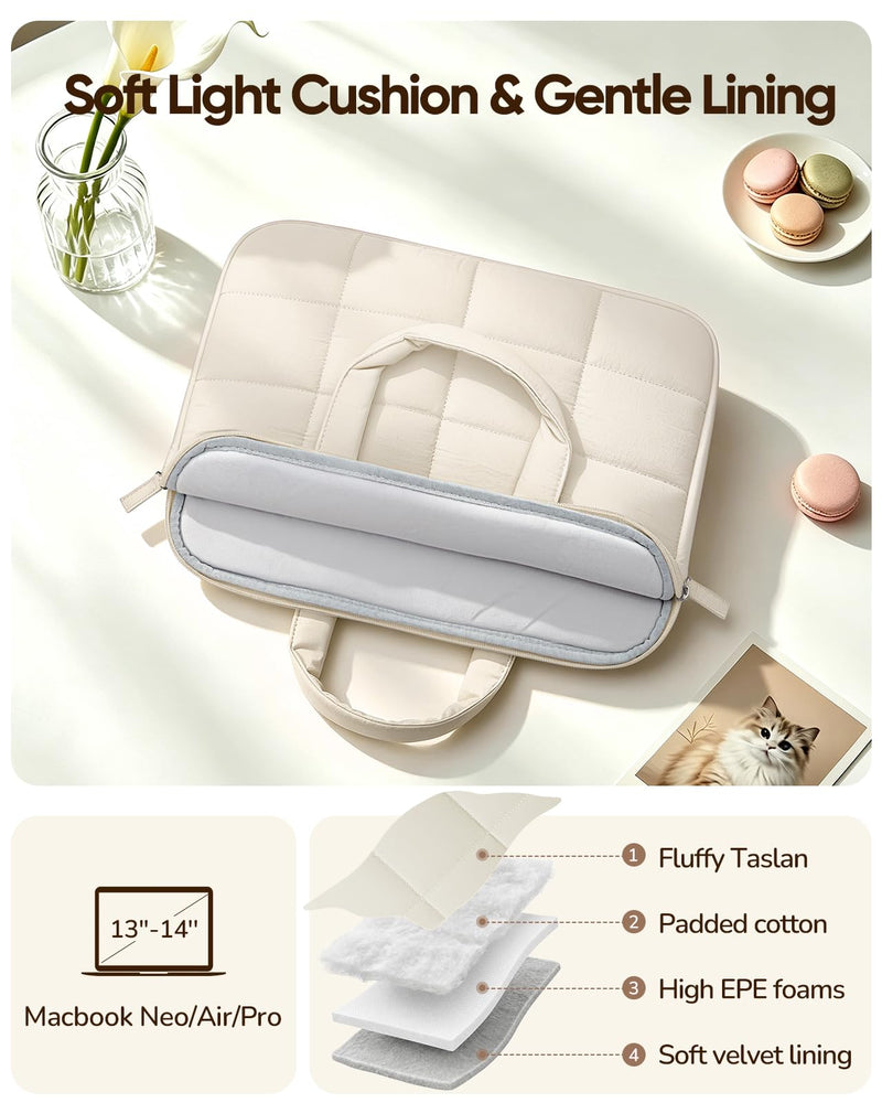 FINPAC Laptop Sleeve Case for MacBook Neo 13 Inch MacBook Air 13.6” Beige | Quilted Puffy Lightweight Laptop Carrying Bag for Women w/ Handle, Luggage Strap, Pockets Fits MacBook Air Pro 13.3" 14"