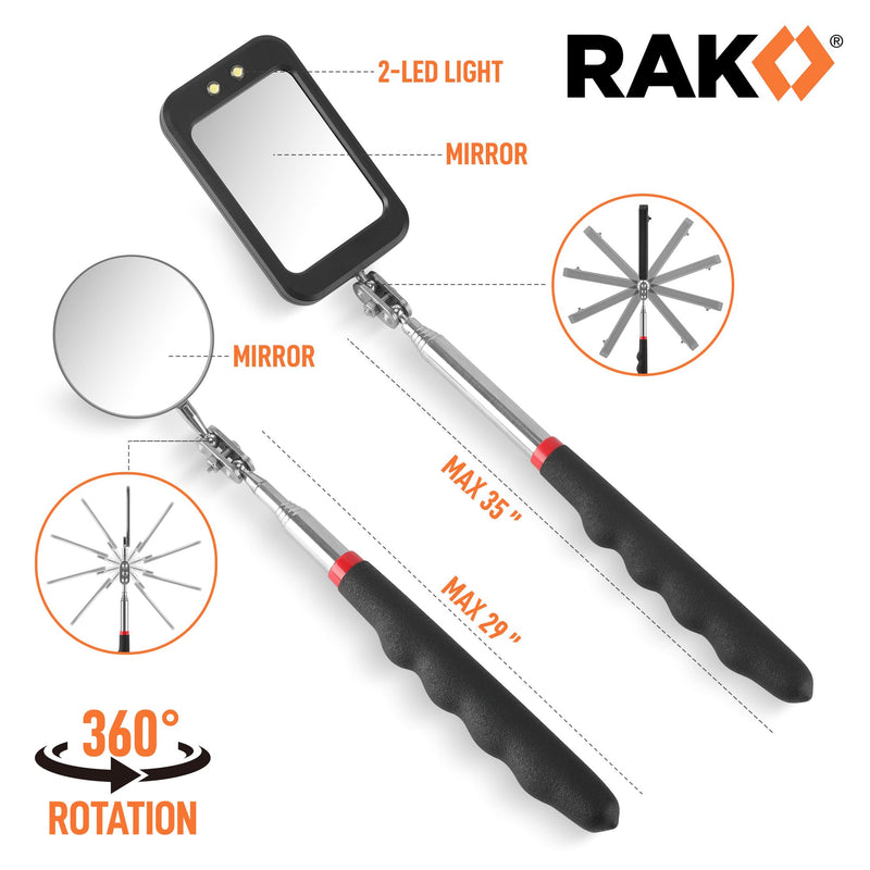 RAK Magnetic Pickup Tool Set Gifts for Men - 5Pcs with 360 Swivel Inspection Mirrors, Telescoping Magnet Pickup Tool, Flexible LED Flashlight, Mechanic Tools & Cool Gadgets for Men, Dad, Husband 5 Pcs Magnetic Pickup Tool Set