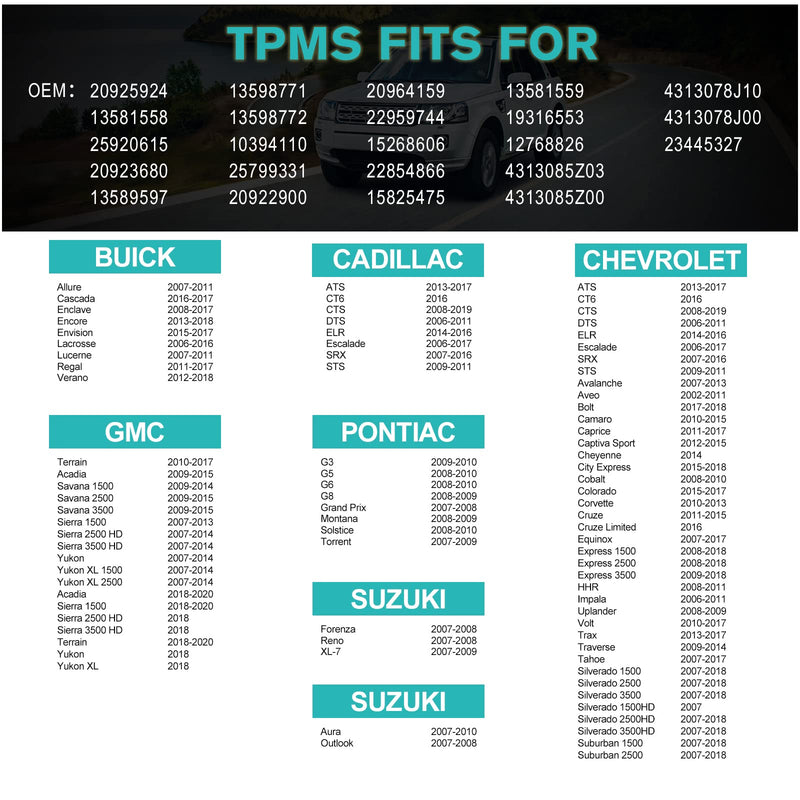 Tire Pressure Monitoring System(TPMS) Sensor for Chevy Aveo Camaro Cruze Equinox HHR Impala Malibu Silverado Traverse Tahoe Express, GMC Cadillac Buick (13586335 315MHZ TPMS)
