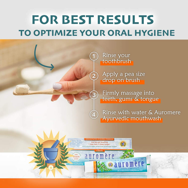 Auromere Ayurvedic Herbal Neem & Clove Toothpaste - All Natural Fluoride Free Toothpaste for Adults and Kids, Suitable for Sensitive Teeth, SLS-Free, Non GMO, Vegan, Cruelty-Free - 4 Pack Mint 4.16 Ounce (Pack of 4)
