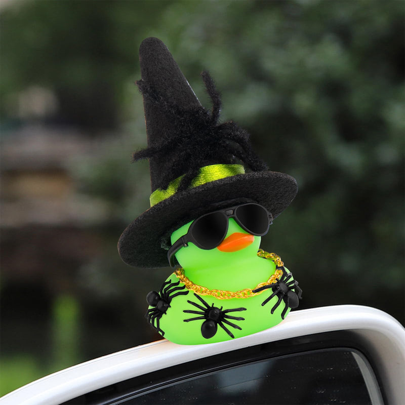 wonuu Car Dashboard Decorations Spiders Witch Rubber Ducks for Halloween, Duck for Office Desk Ornament Accessories with Hat, Glasses, Chain, Plush and Plastic Spider, Green