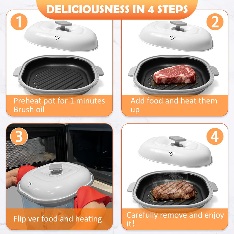 AHJ Microwave Grill Pan with Lid, Microwave Cooker Multi-Use for Grilling, Frying, Browning and Crisping, Microwave Griller & Crisper Pan for Grill Meat, Sandwich, Vegetable, Egg, Potatoes (Gray) Gray Medium