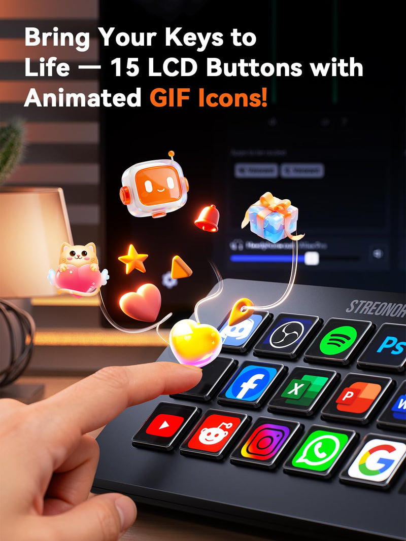 Streonor S15 Standard Stream Controller, Macro Keypad Shortcut | 15 Customizable Keys and 3 Status Displays, Macro Shortcut Deck for Live Streaming, Editing, Productivity, Windows & Mac
