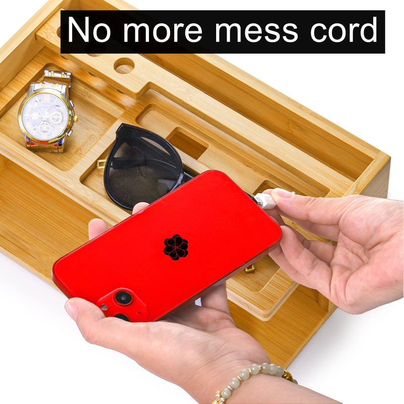 Yopay Nightstand Organizer for Men, Luxury Bamboo Phone Docking Station for Dad Husband, Charging Organizer Cell Phone Stand Tablet Stand for Boyfriend Graduation Office Father's Day