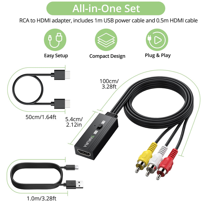 Male RCA to HDMI Converter for VCR VHS DVD Player to HDTV | 16:9/4:3 Adjustable Aspect Ratio Output,Plug and play,Supports PAL/NTSC,Output 1080P/60hz,Integrated all-in-one cable Male RCA to HDMI