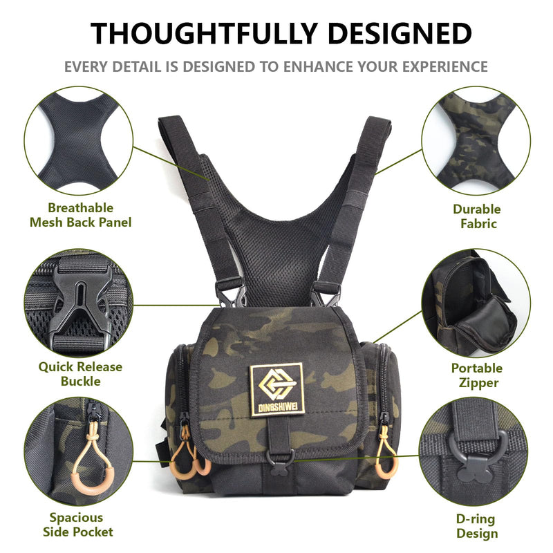 Binocular Chest Pack Camo Hunting Harness with Rangefinder Pouch | Water-resistant camo binocular pack with breathable X-back straps, storage pockets and quick access for hunting & birding